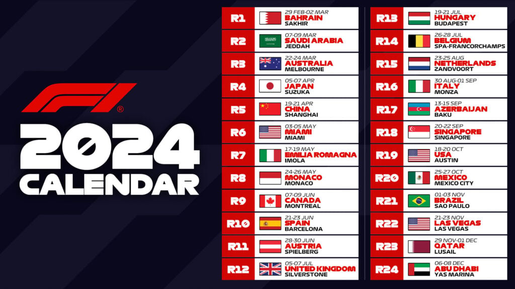Formula 1 announces calendar for 2024 Formula One World Championship